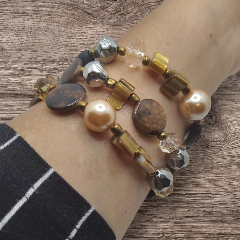 Gold and Brown Layered Bracelet Set with Heart Charm